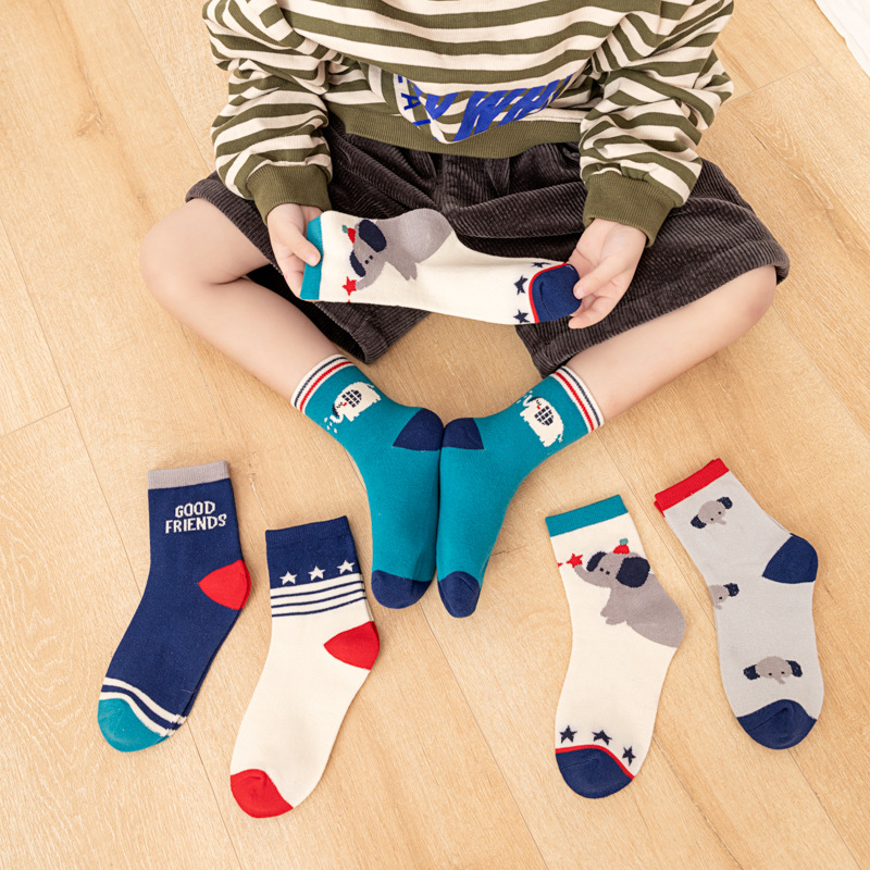 Cotton Crew Sock Pack - 5팩 어린이용 남아용 양말 만화 코끼리